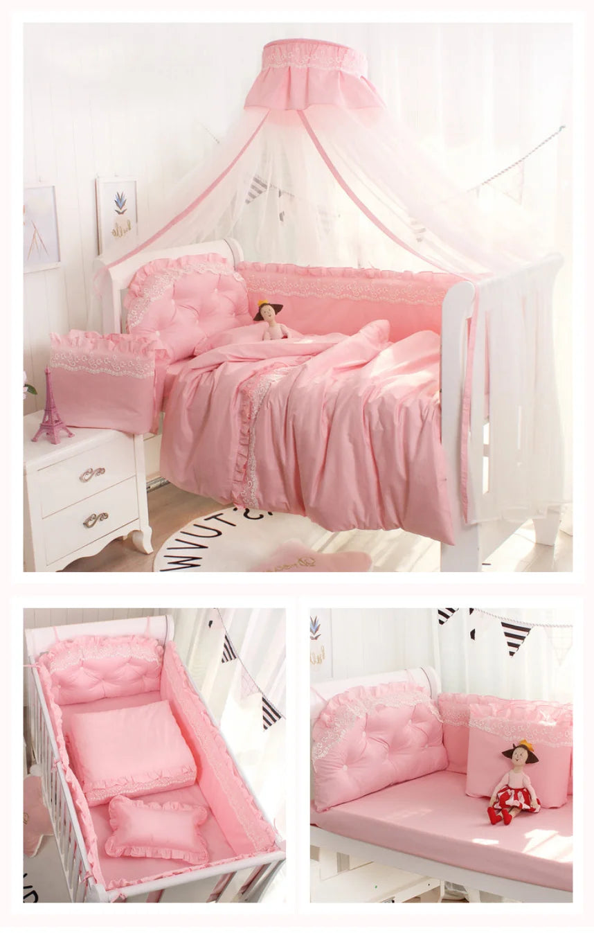 5PCS/Set Lace Crib Surround Solid Color Children's Bedding Kit Pure Cotton Thicken Baby Anti-collision Bed Bumpers Sheet