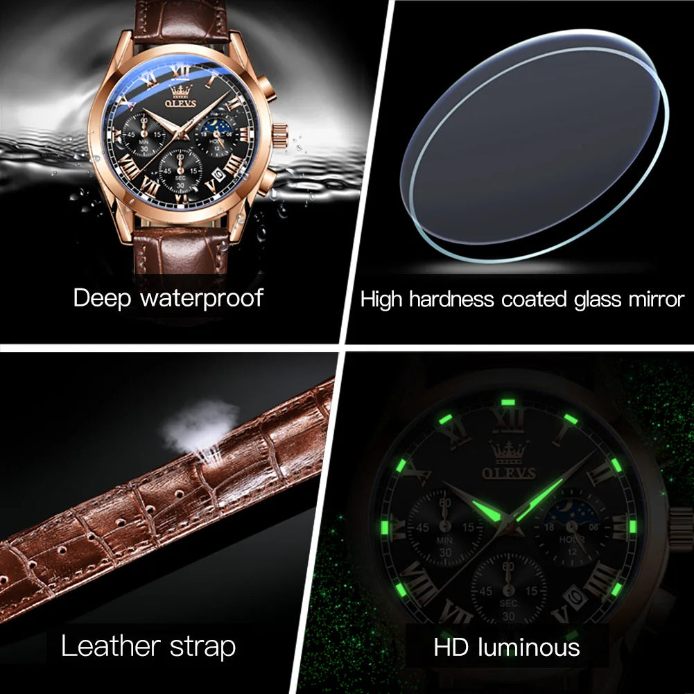 OLEVS Brand Men's Watches Chronograph Waterproof Calendar Quartz Male Watch Sports Leather strap Stainless steel Luxury Original