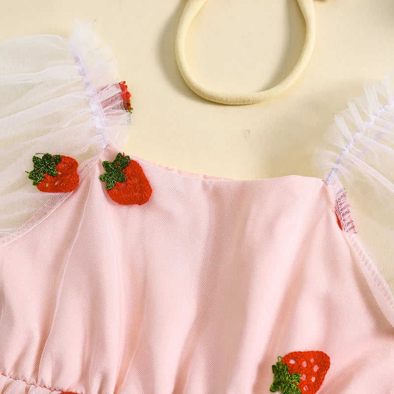 Kids Girls 2-piece Outfit Puff Sleeve Embroidery Strawberry Tulle A-line Dress with Headband Summer Children Dress Outfits