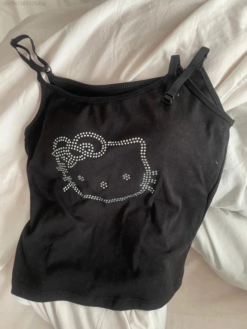 Sanrio Hello Kitty Diamond Tank Top With Bra Sexy Fashion Gothic Aesthetic Crop Top Y 2k Girls New Summer Youthful Woman Clothes