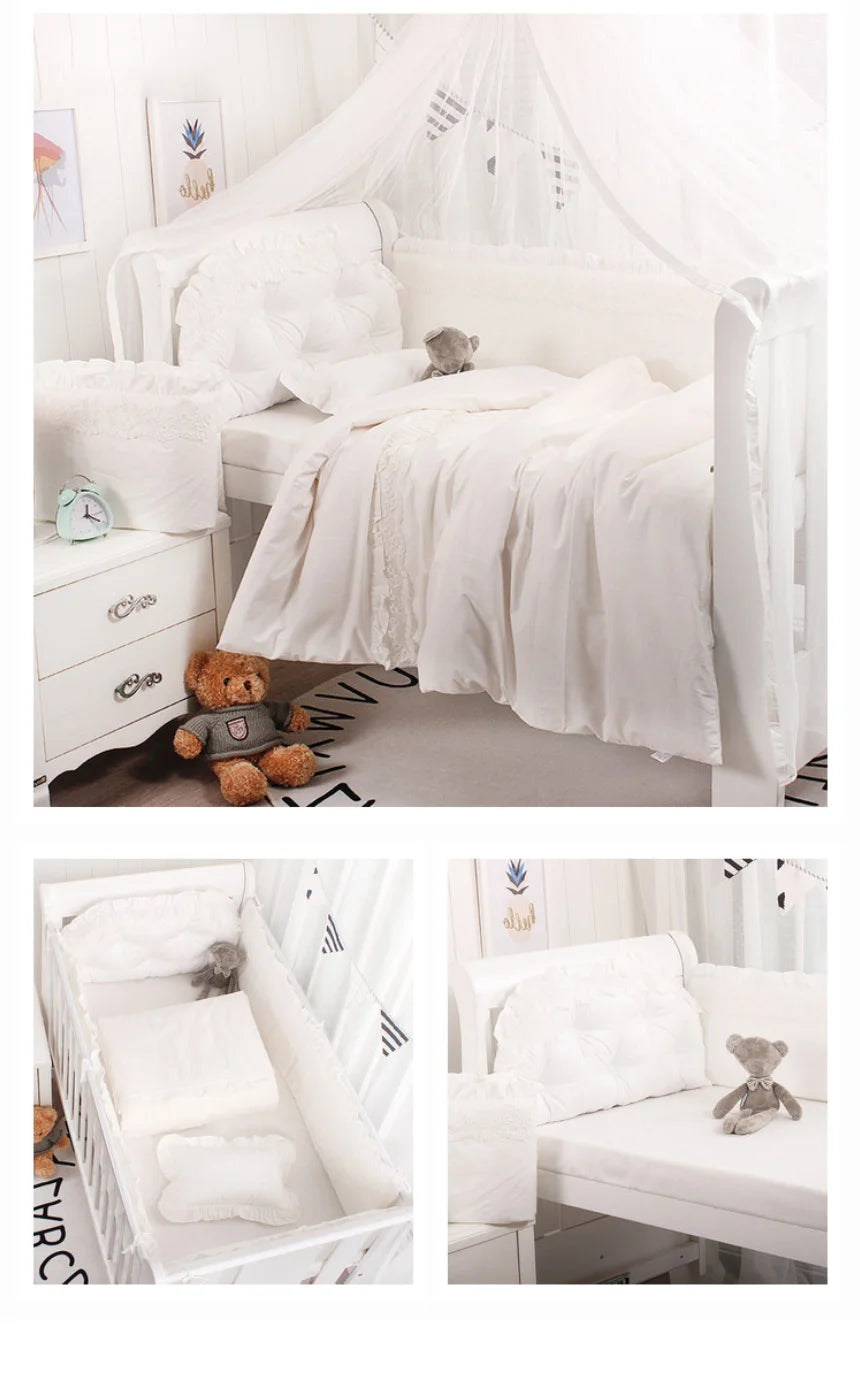 5PCS/Set Lace Crib Surround Solid Color Children's Bedding Kit Pure Cotton Thicken Baby Anti-collision Bed Bumpers Sheet
