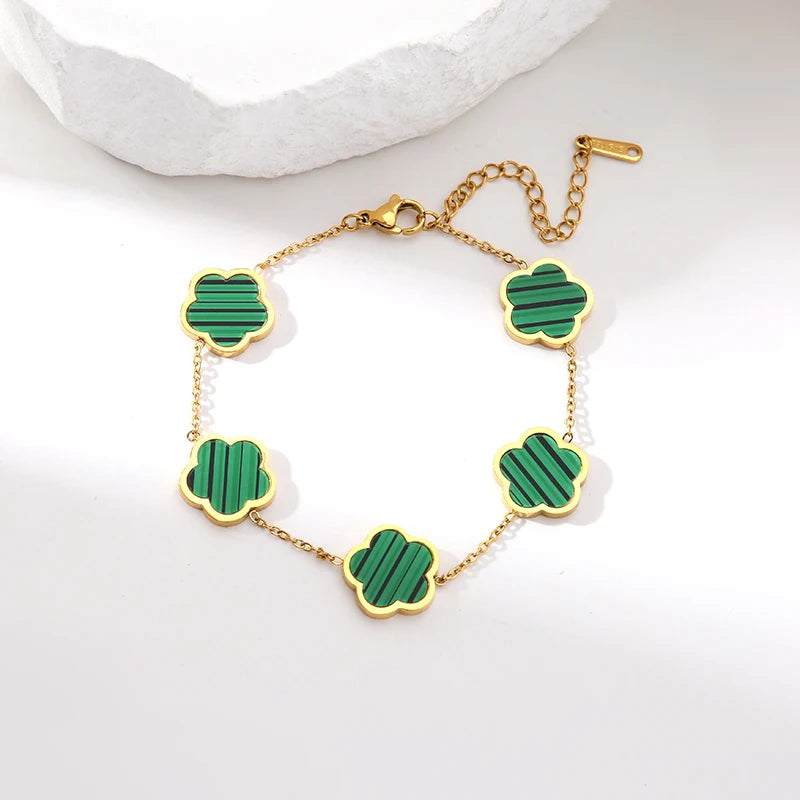 GANEMLY 316L Stainless Steel Black Five Leaf Clover Bracelets For Women New Trendy Waterproof Wrist Chain Jewelry Girls Gift