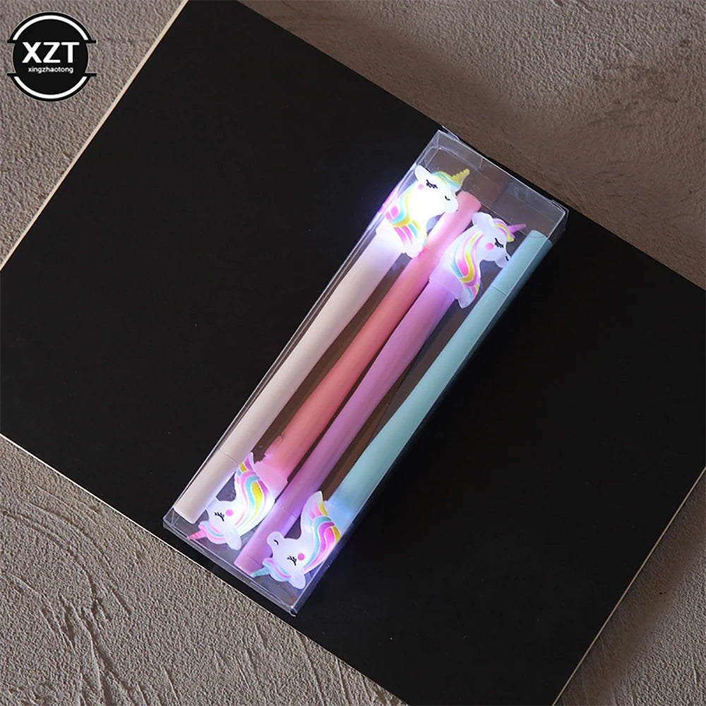 4pcs Gel Pen Unicorn Pen with LED Light Kawai Cute Girl Gel Ink Pen Luminous Pen School Stationery Children's Stationery