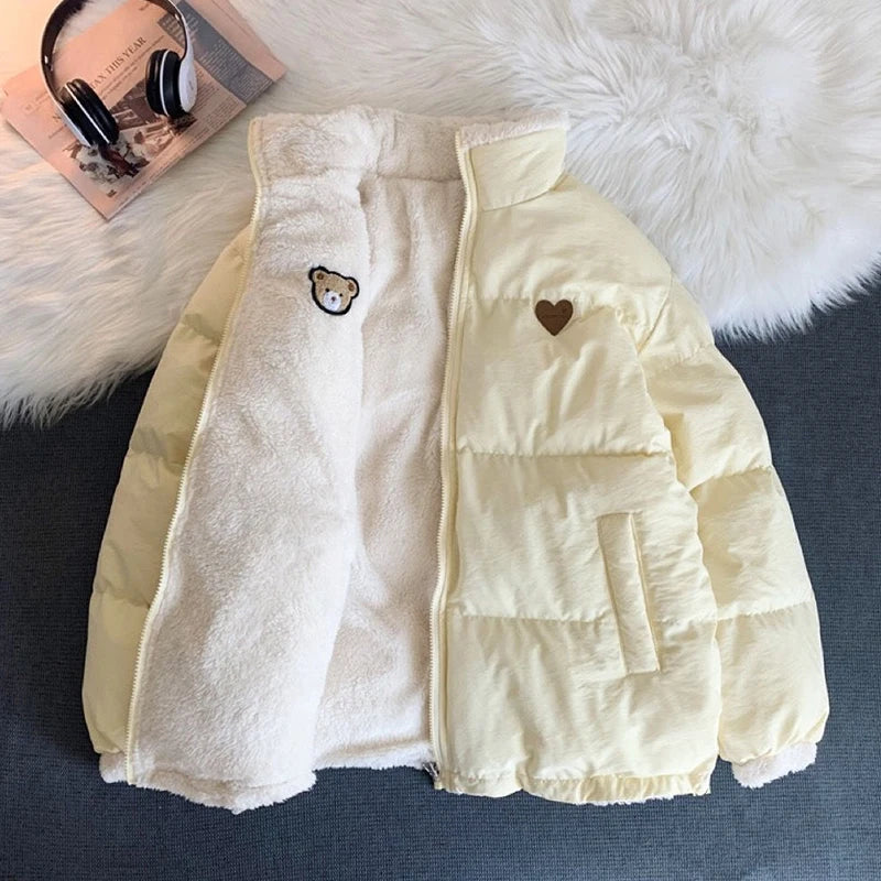 JMPRS Cute Embroidery Women Parkas Coat Winter Thick Hairy Korean Loose Warm Jacket Double Sided Design Pink Student Clothes