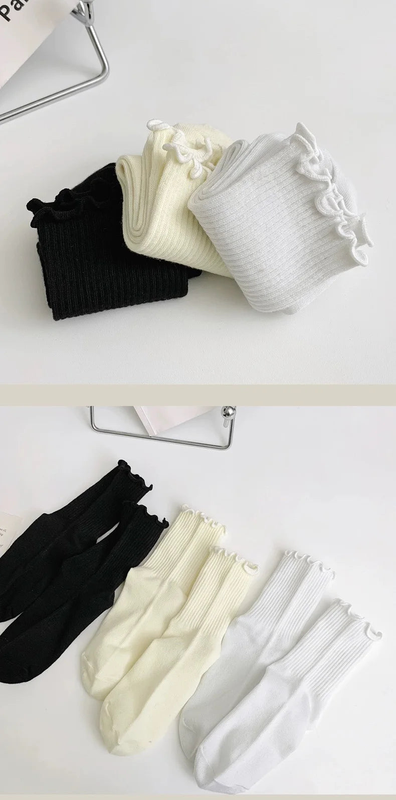 Ruffle Socks for Women 3pair /Lot Mid Crew Middles Tube Ankle High Breathable Black White Calcetines Female Spring Autumn Sock