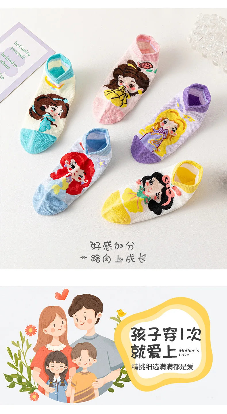 5 Pairs Disney Kids Socks Mesh Breathable Ice Thin Socks Summer Kawaii Cartoon Childrens Mid-calf Cotton Sock for Girls