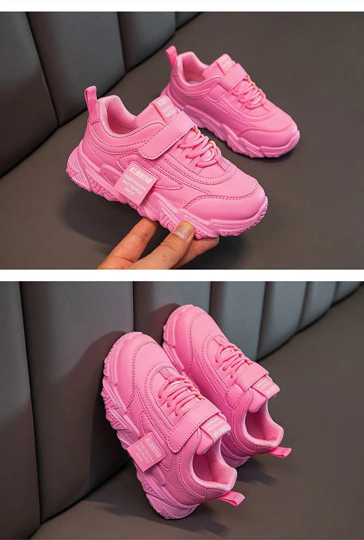Spring New Kids Sneakers 2023 PU Girls Casual Mesh Solid Pink Light Boys White Hook & Loop Children Non-slip Sports Shoe Fashion