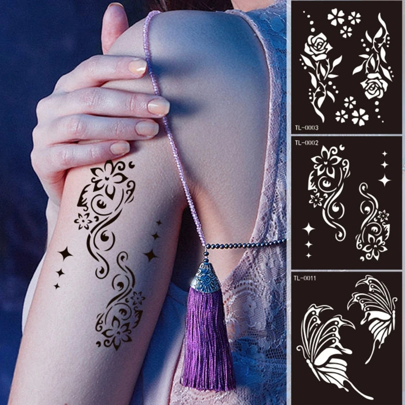 Semi Permanent Tattoos,Flower Dragon Butterfly Hennas Tattoos Stencil Temporary Tattoos Stickers for Face Paint Body Art