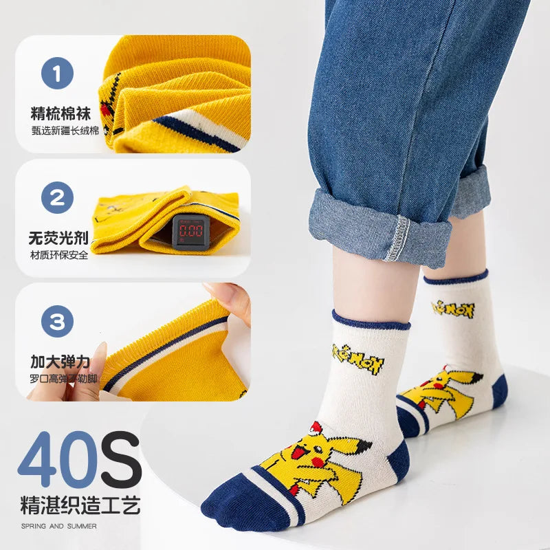 5 Pairs Pikachu Kids Socks Kawaii New Fall Winter Cartoon Boy Children Mid-calf Socks Cotton Sock for Boys Gifts