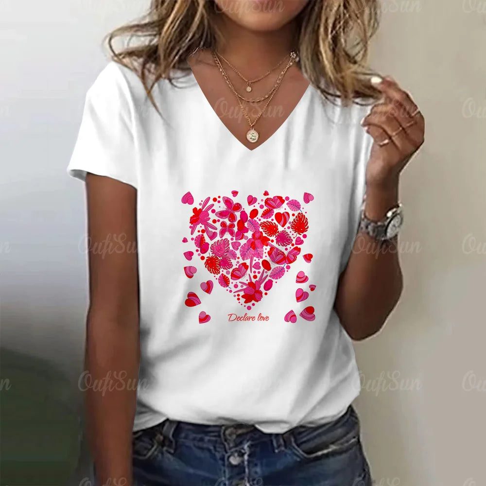 Fashion Women's T Shirt Love Print V-neck Female Short Sleeve Harajuku Tops Ladies T-shirts Oversized Tee Shirt Women Clothing