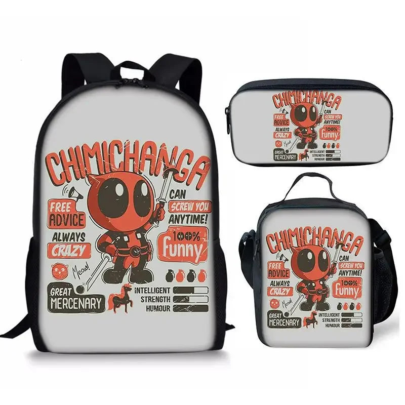 3Pcs Set Deadpools School Bags Pencil Cases Meal Bag Boys' Backpack Schools Supplies Learning Stationery Kids Customizable Gifts