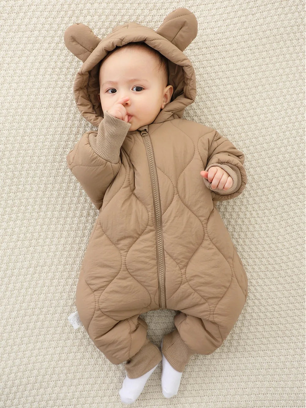Baby jumpsuit Winter new plush and thick cotton clothes Newborn crawling clothes Baby and children's hooded outdoor clothes