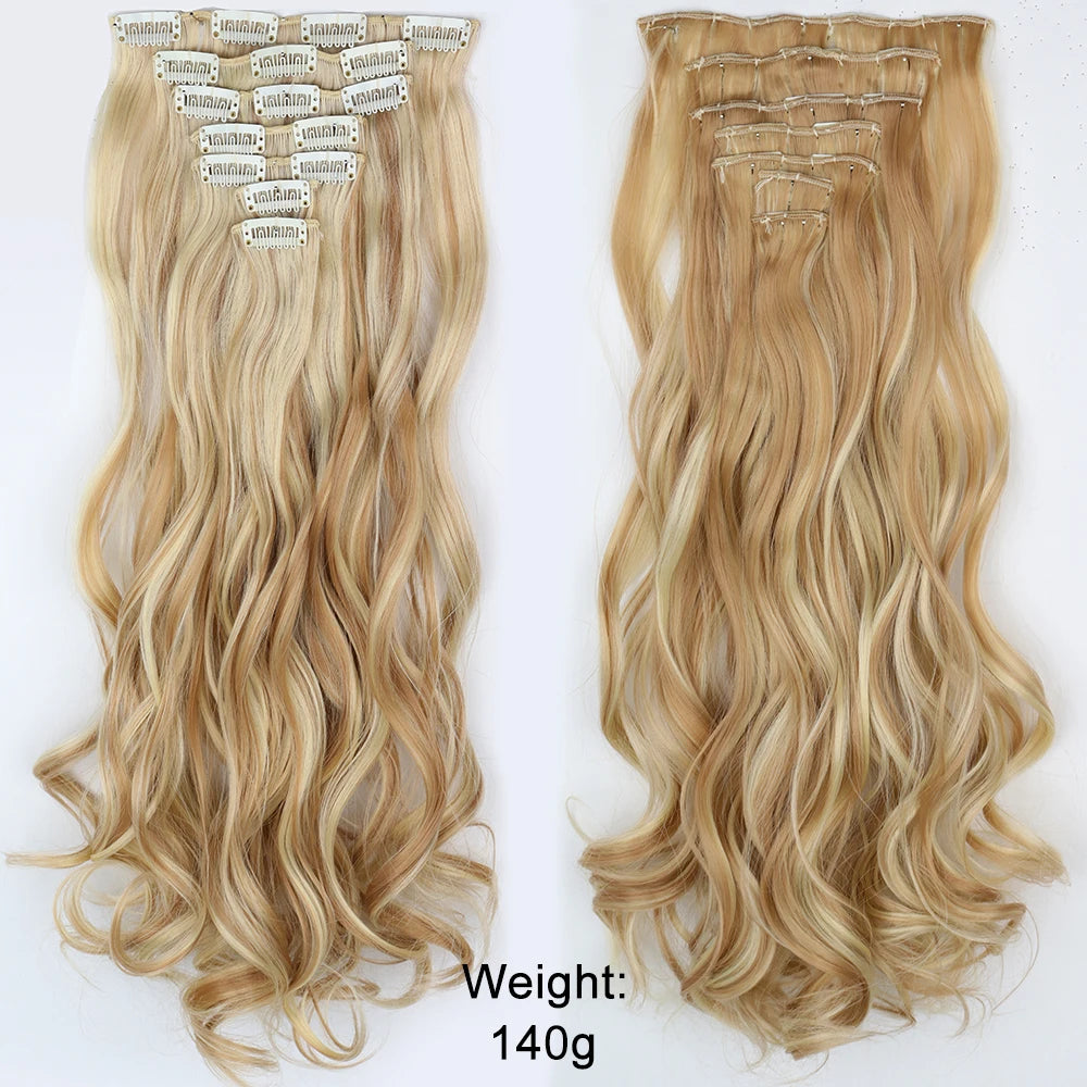 Long Straight Hairstyle 16 Clips 7Pcs/Set Hair Extensions Natural Synthetic Blonde Black Hairpieces Heat Resistant For Women