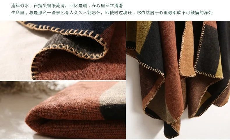 Thicken Winter Shawl Wraps Cape Women Fall Ponchos Plus Size Block Plaid Open Front Sweater Fleece Scarf Coat Holiday Outfits