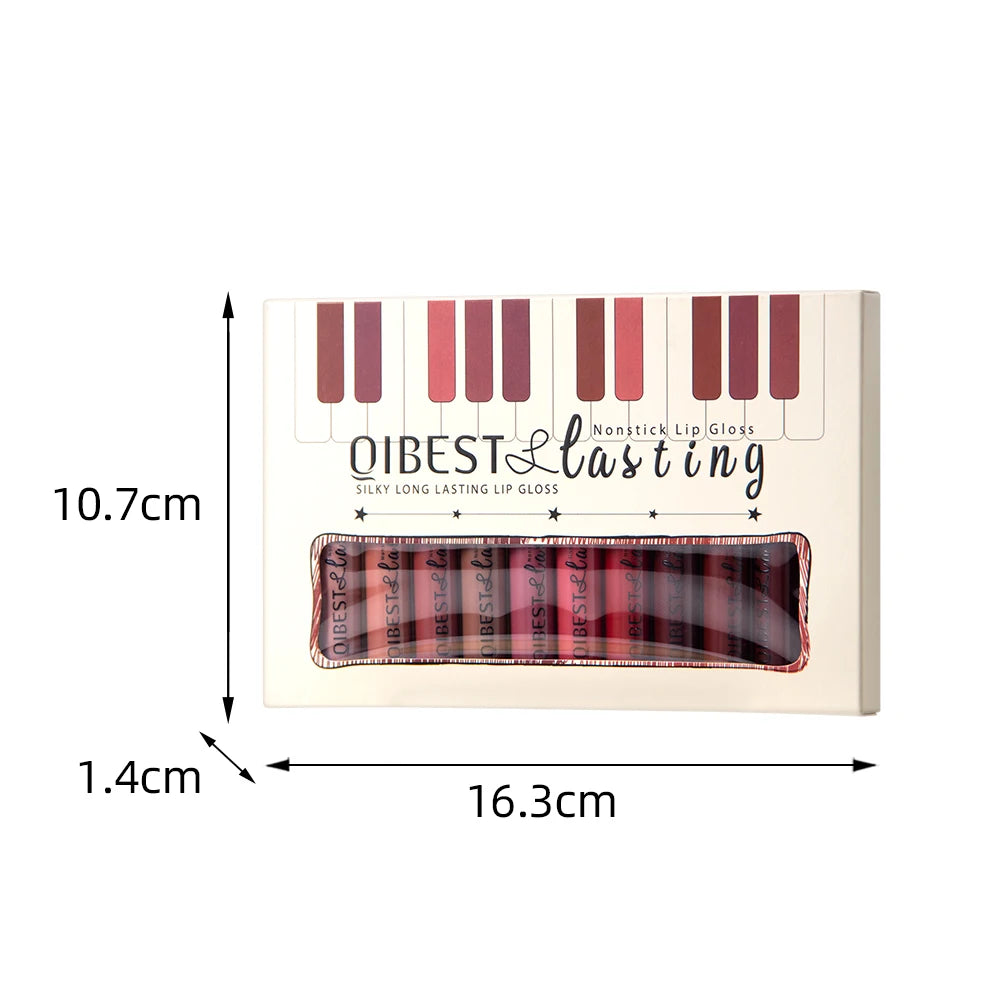 QIBEST 12pcs/set Waterproof Lip Gloss Long Lasting Velvet Nude Red Matte Liquid Lipstick Tint Makeup Cosmetic Lipsticks Lipgloss
