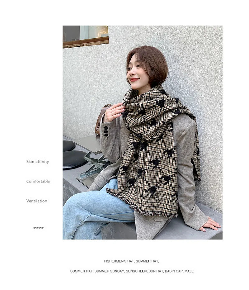 Fashion Brand Cashmere Scarf Women Winter Autumn Houndstooth Plaid Long Pashmina Cold Day Double-sided Tassel Thick Shawl Ladies