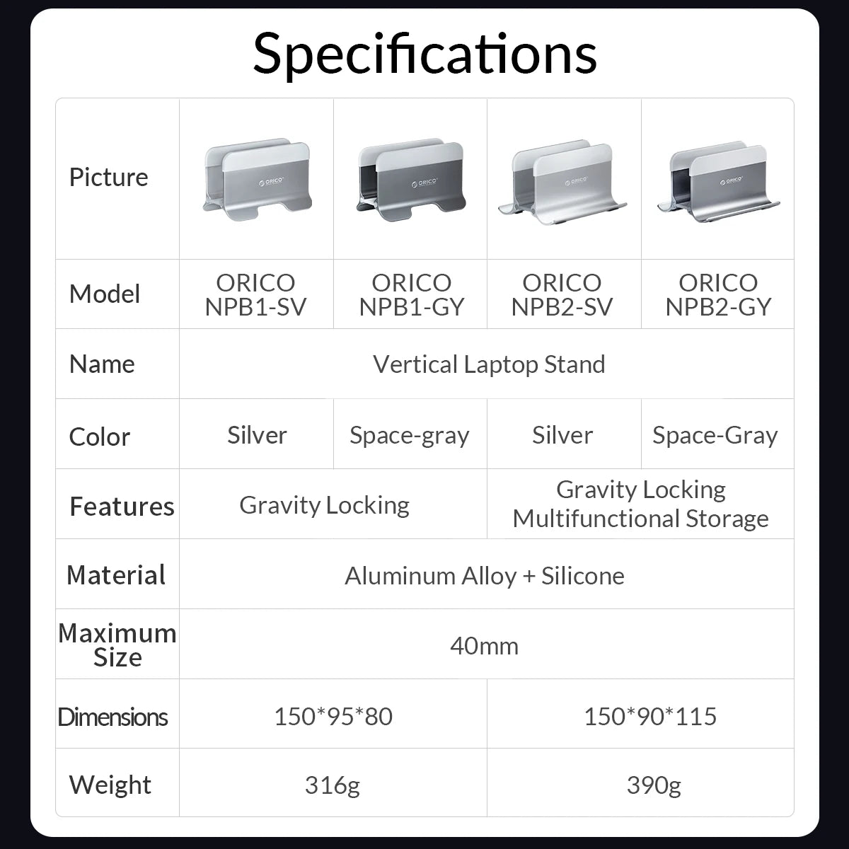 ORICO Aluminum Vertical Laptop Stand Gravity Locking Holder Desktop Notebook Stand Tablet Stand for Storage MacBook Dell Samsung