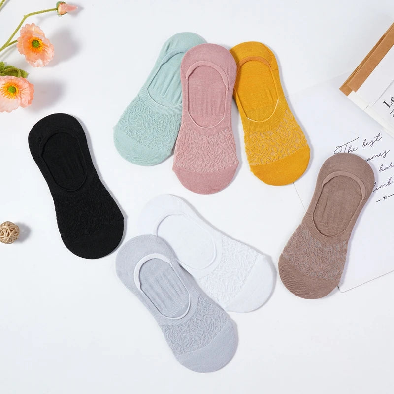 5 Pairs Women Cotton Low Cut Socks Solid Snowflake Softable Summer Silicone Non-slip Deep Mouth Prevent Heel Loss Slipper Socks