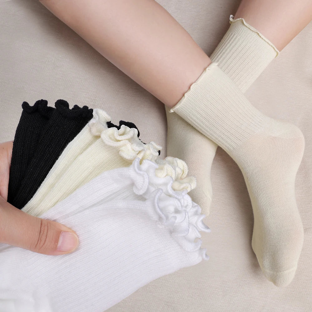 Ruffle Socks for Women 3pair /Lot Mid Crew Middles Tube Ankle High Breathable Black White Calcetines Female Spring Autumn Sock