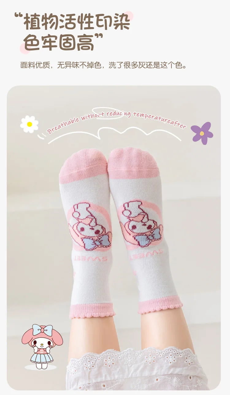 5 Pairs Sanrio Kids Socks Kuromi Kawaii New Fall Winter Cartoon Girl Children Mid-calf Socks Cotton Sock for Girls Gifts