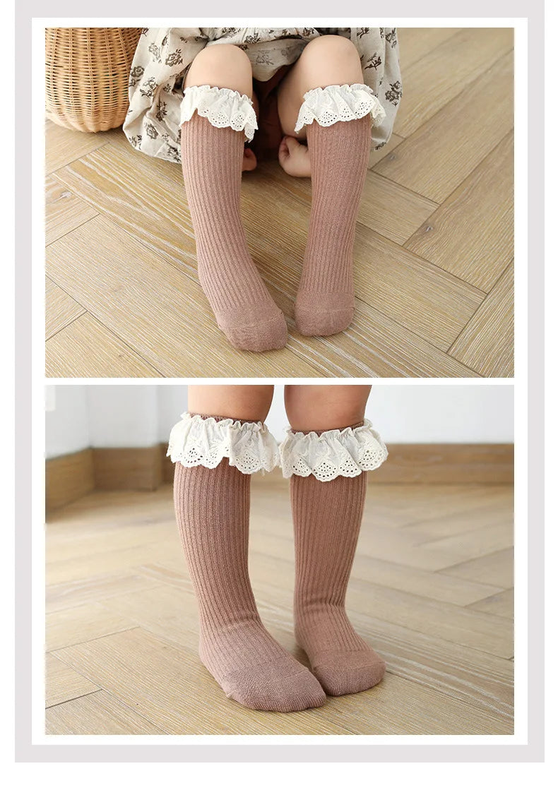Baby Girls Knee High Socks Long Kids Soft Cotton Lace Stuff Princess Children Sock Ruffle Leg Warmers Cute Girl Socks For 0-8 Y