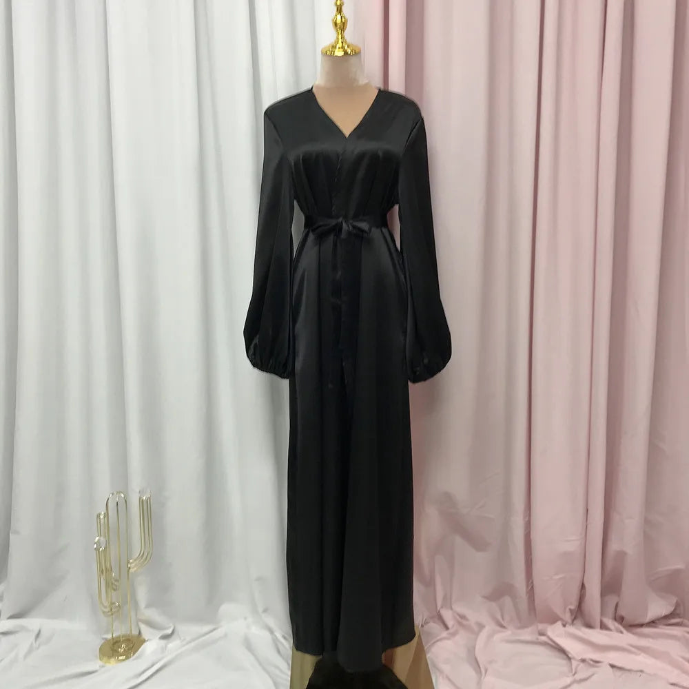Ramadan Eid Fashion Silky Satin Muslim Abayas Robe Musulmane Abaya Cardigan Muslim Arab Worship Service Clothing Wy836