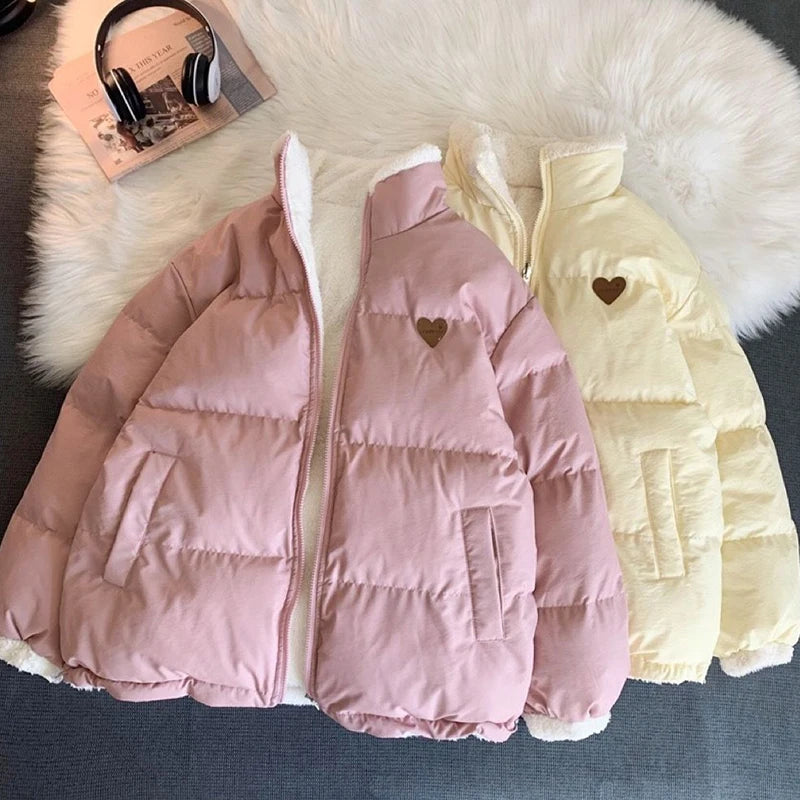 JMPRS Cute Embroidery Women Parkas Coat Winter Thick Hairy Korean Loose Warm Jacket Double Sided Design Pink Student Clothes