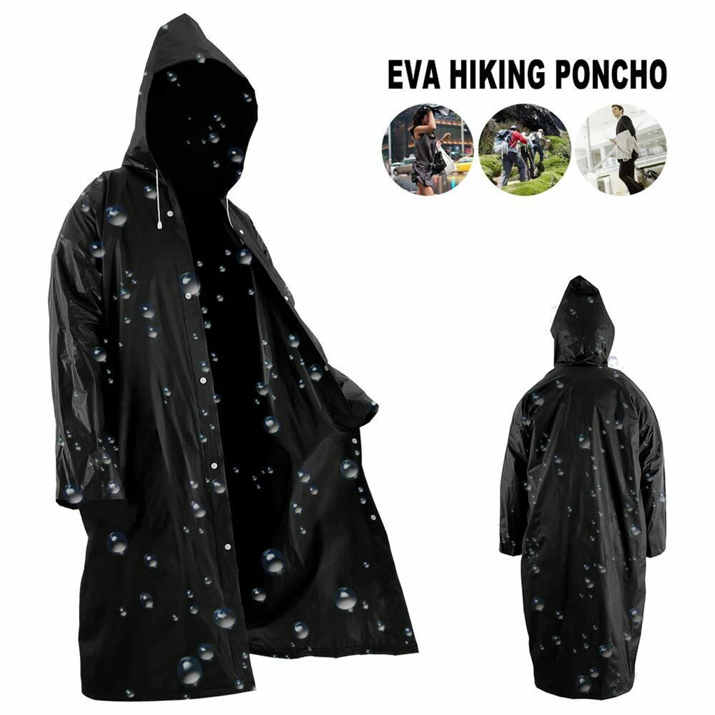 Adults Raincoat Waterproof Breathable Black Rain Suit Hooded Drawstring Clothes Rainwear Women Men Hiking Climbing Black