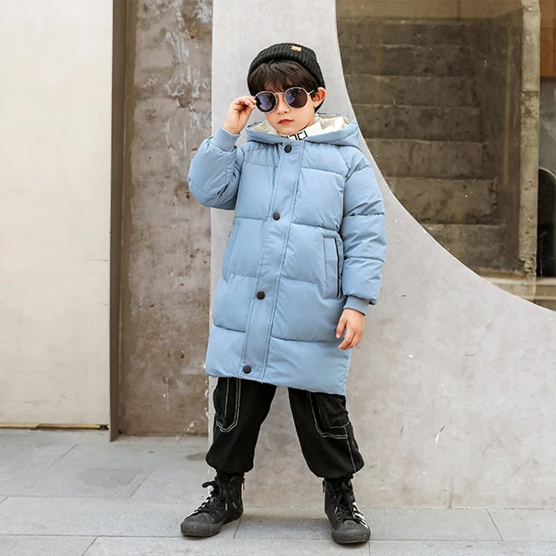 4-10 Years Boys Long Down Jackets Winter Kids Girls Thick Warm Hooded Outerwear Children Waistcoat Coat Fashion Casual Clothing