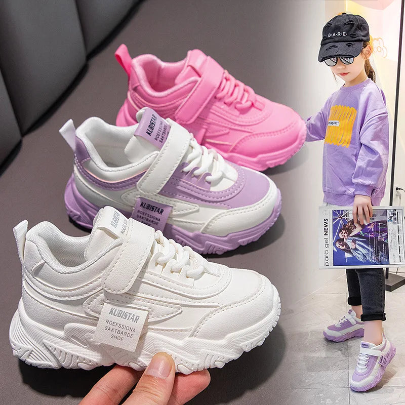 Spring New Kids Sneakers 2023 PU Girls Casual Mesh Solid Pink Light Boys White Hook & Loop Children Non-slip Sports Shoe Fashion