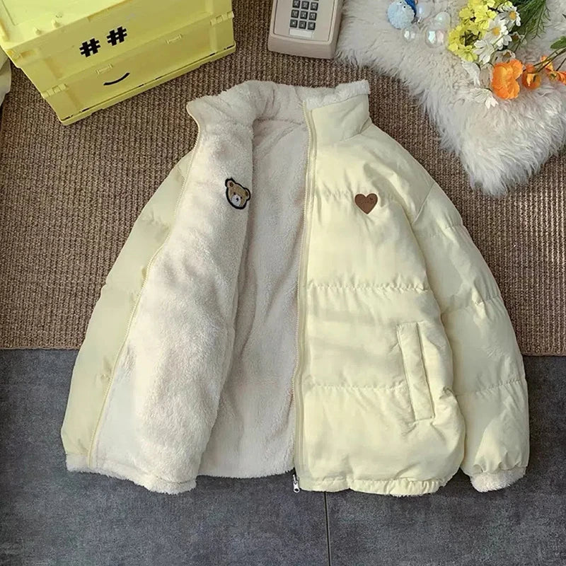 JMPRS Cute Embroidery Women Parkas Coat Winter Thick Hairy Korean Loose Warm Jacket Double Sided Design Pink Student Clothes