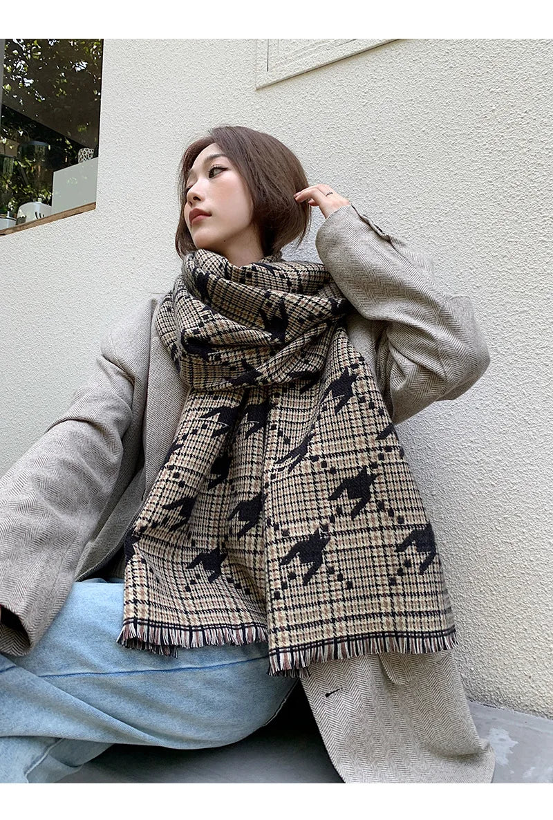 Fashion Brand Cashmere Scarf Women Winter Autumn Houndstooth Plaid Long Pashmina Cold Day Double-sided Tassel Thick Shawl Ladies