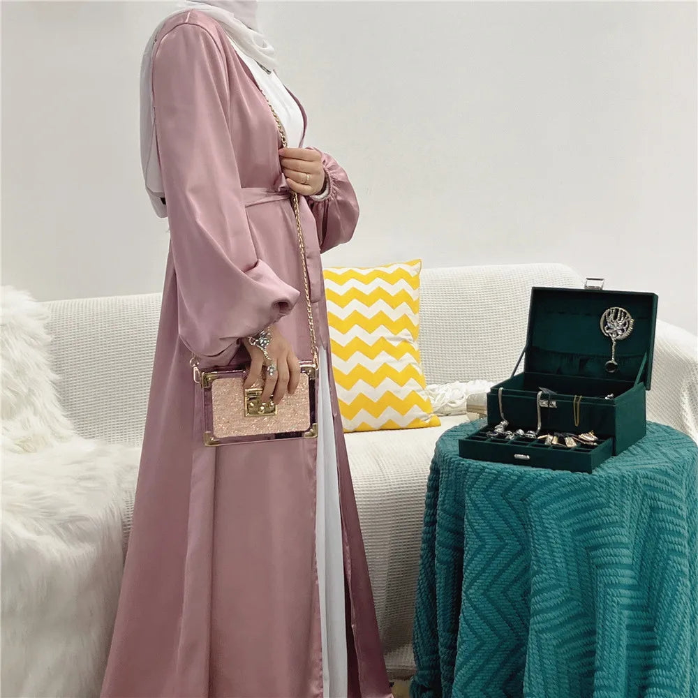 Ramadan Eid Fashion Silky Satin Muslim Abayas Robe Musulmane Abaya Cardigan Muslim Arab Worship Service Clothing Wy836