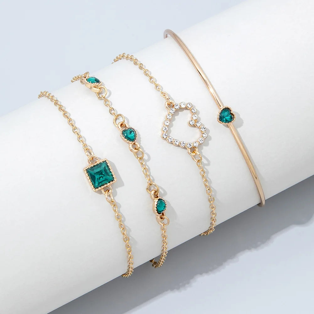 4Pcs Set Fashion Square Emerald Heart Bracelets for Women Charm Zircon Gold Color Bangles Wedding Bride Jewelry Accessories Gift