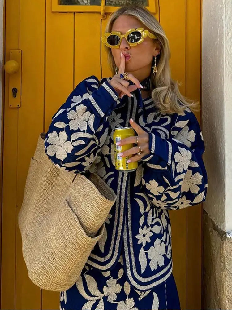 Chic Floral Print O-neck Cardigan Jacket For Women Vintage Long Sleeve Casual Thin Cropped Coat New Fall Lady Fashion Outerwear