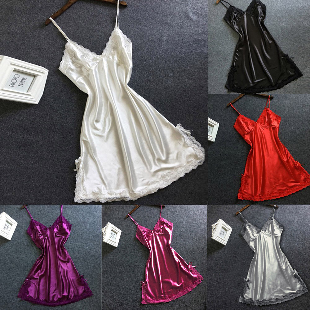 Nightgown Women Gown Sleepdress Sexy Lace Nighty Robe Spaghetti Strap Sleepwear Summer Silk Satin Nightdress Loungewear Side Bow