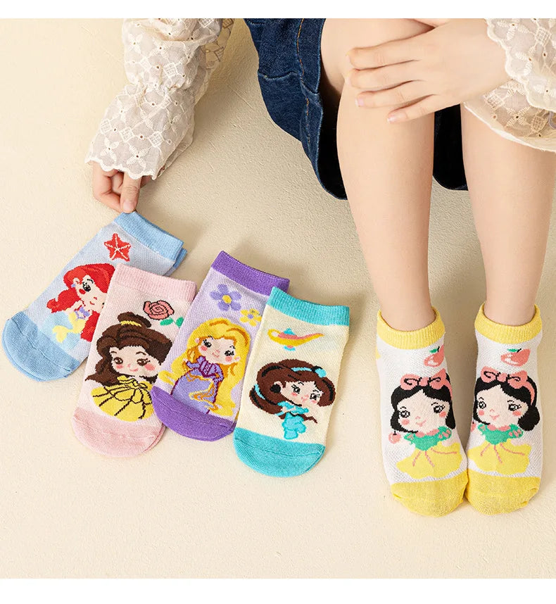5 Pairs Disney Kids Socks Mesh Breathable Ice Thin Socks Summer Kawaii Cartoon Childrens Mid-calf Cotton Sock for Girls