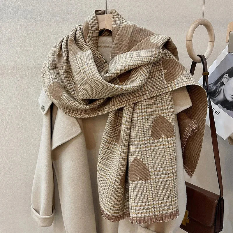2023 New Double Side Cashmere Scarf Winter Women's Love Heart Plaid Ladies Long Thickened Warm Knitted Scarf Hijab Stole