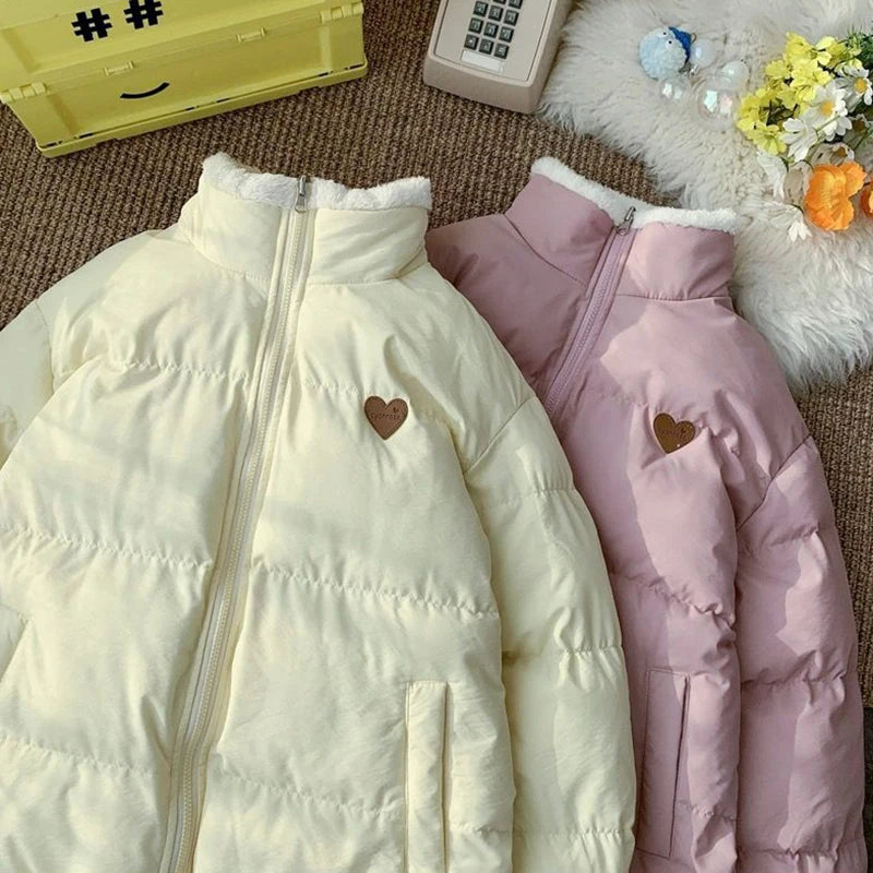 JMPRS Cute Embroidery Women Parkas Coat Winter Thick Hairy Korean Loose Warm Jacket Double Sided Design Pink Student Clothes