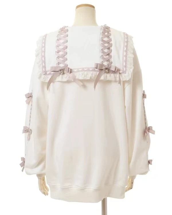 Japanese Mine Mass-Produced Sailor Collar Ribbon Bow Sweet Hoodies Women Autumn Preppy Style Y2K Cute Oversized Midi Sweatshirt