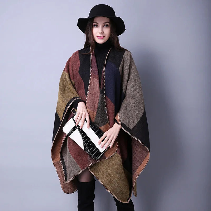 Thicken Winter Shawl Wraps Cape Women Fall Ponchos Plus Size Block Plaid Open Front Sweater Fleece Scarf Coat Holiday Outfits