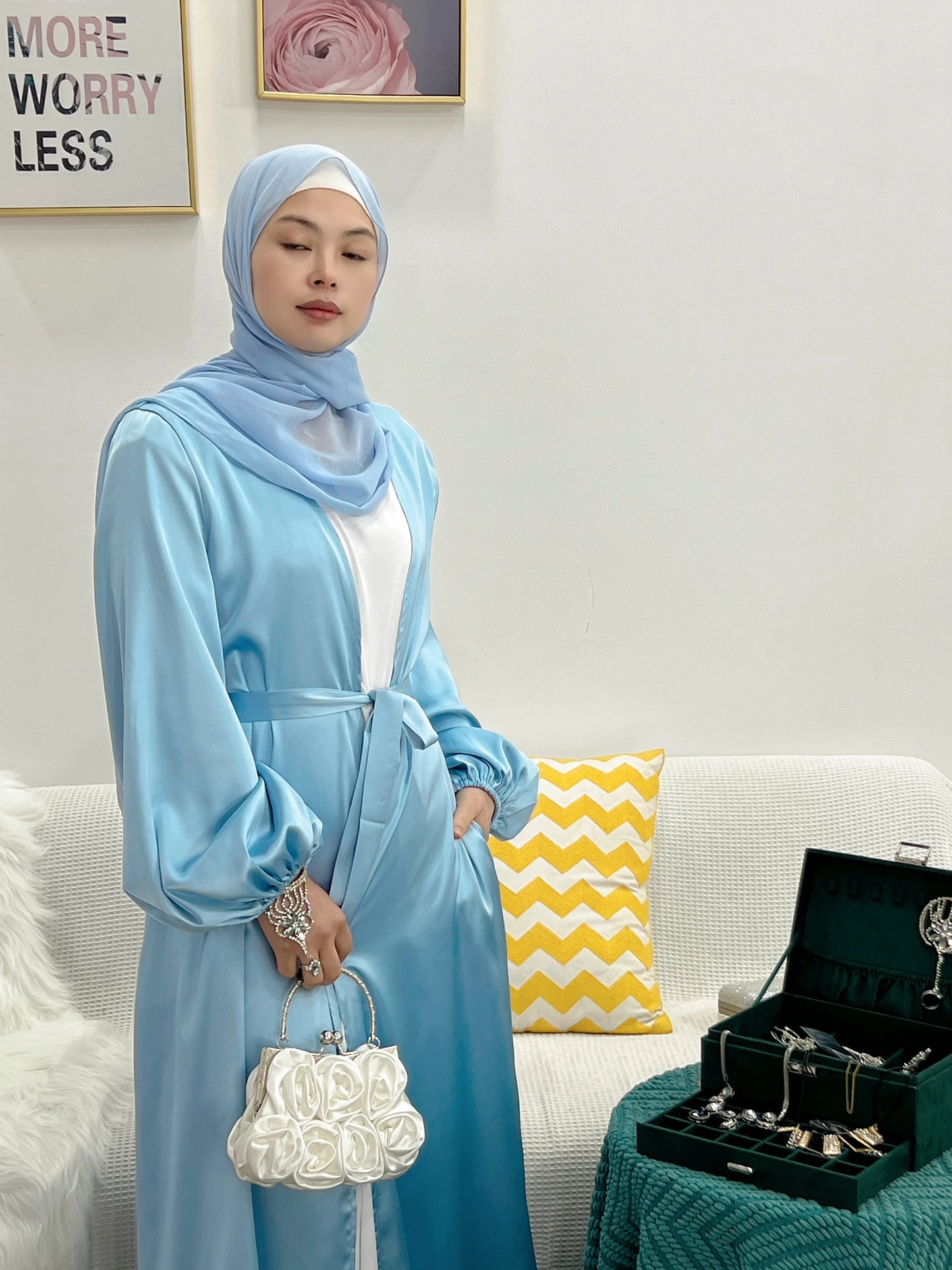 Ramadan Eid Fashion Silky Satin Muslim Abayas Robe Musulmane Abaya Cardigan Muslim Arab Worship Service Clothing Wy836