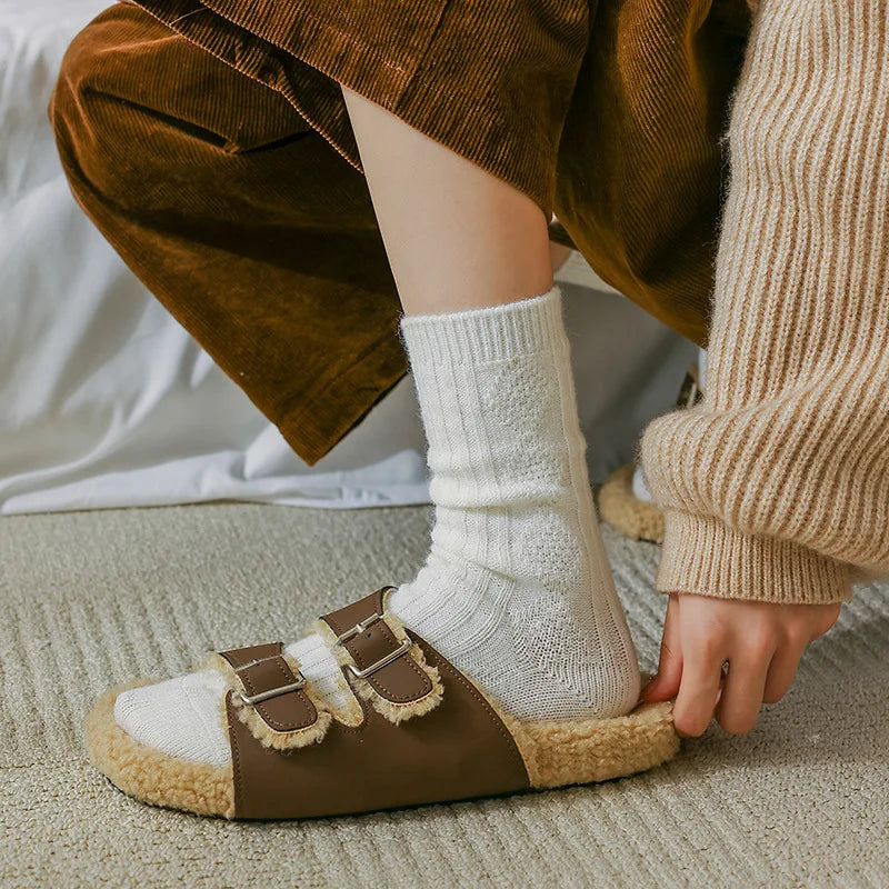 Autumn and Winter Diamond Check Wool Socks Coffee Color with Solid Color Women's Socks in The Tube Women's Warm Cotton Socks