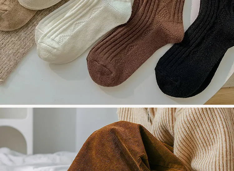 Autumn and Winter Diamond Check Wool Socks Coffee Color with Solid Color Women's Socks in The Tube Women's Warm Cotton Socks