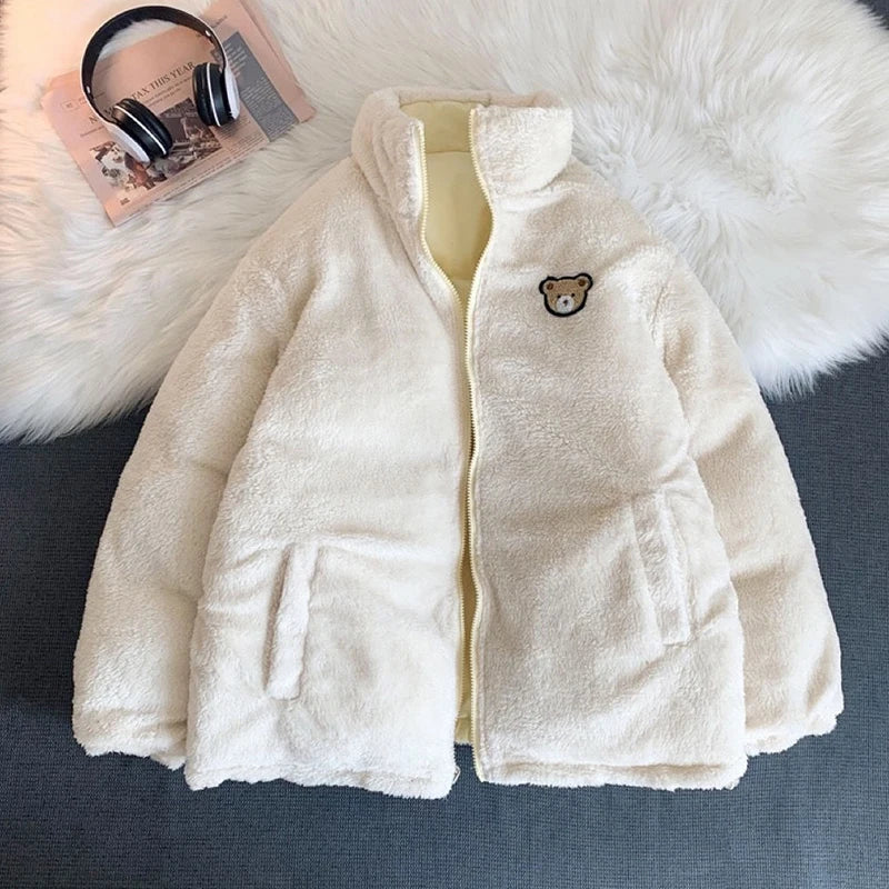 JMPRS Cute Embroidery Women Parkas Coat Winter Thick Hairy Korean Loose Warm Jacket Double Sided Design Pink Student Clothes