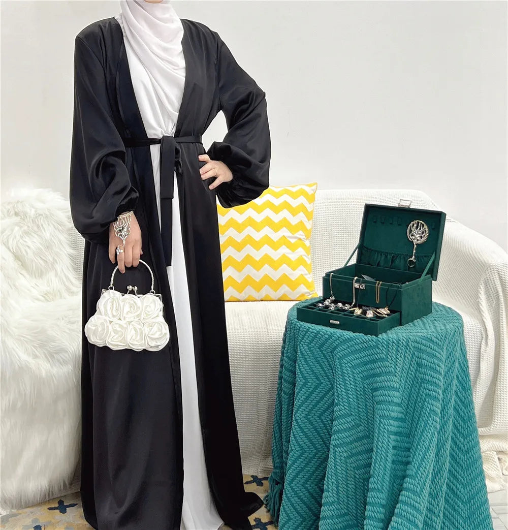 Ramadan Eid Fashion Silky Satin Muslim Abayas Robe Musulmane Abaya Cardigan Muslim Arab Worship Service Clothing Wy836