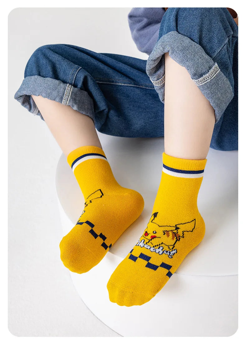 5 Pairs Pikachu Kids Socks Kawaii New Fall Winter Cartoon Boy Children Mid-calf Socks Cotton Sock for Boys Gifts