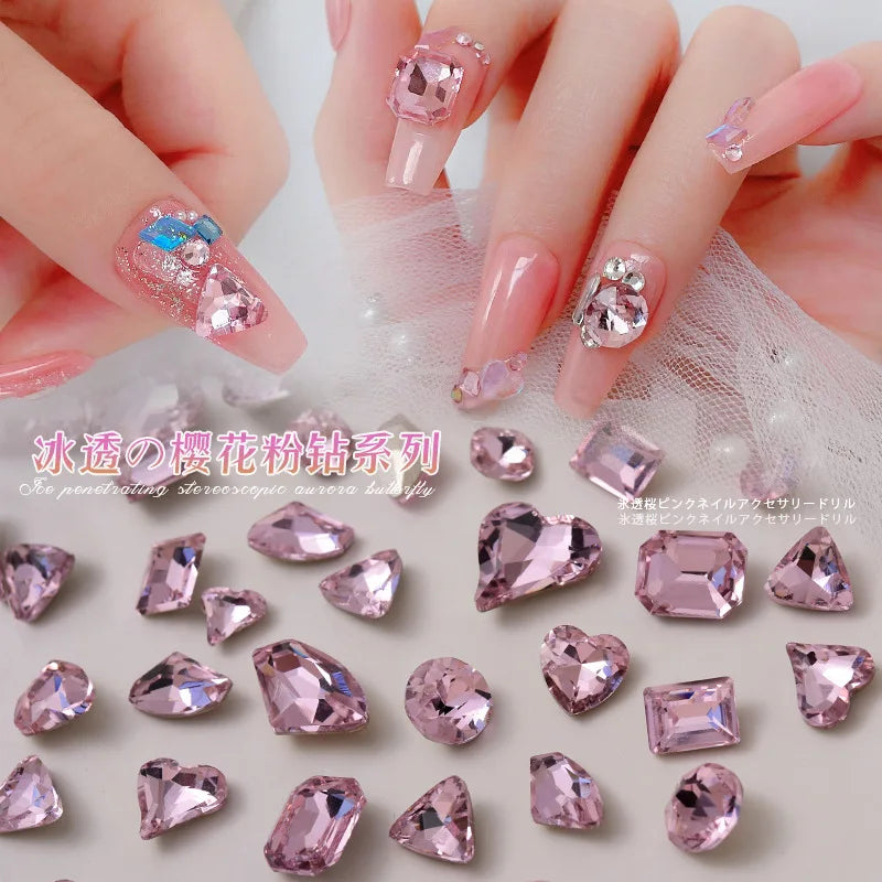 10pcs Pink Mixed Shape Heart Nail Rhinestones Point Bottom Gems Nails Crystal Parts UV Gel Polish Decoration Nail Accessories