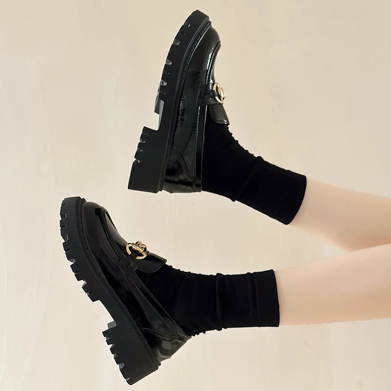 loafers Female Shoes Women Fashion Mary Janes Round Toe Flats Loafers Oxfords Platform Casual Metal Chain Buckle Ladies Heels