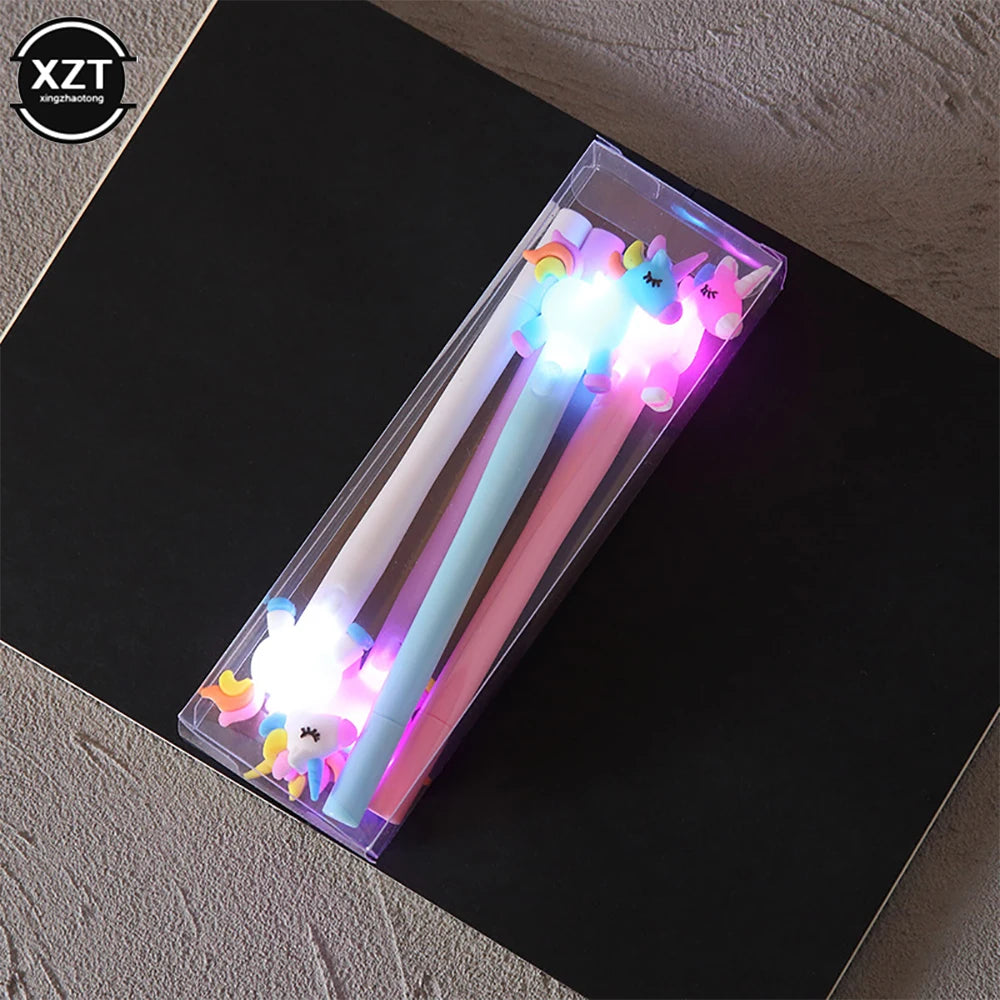 4pcs Gel Pen Unicorn Pen with LED Light Kawai Cute Girl Gel Ink Pen Luminous Pen School Stationery Children's Stationery